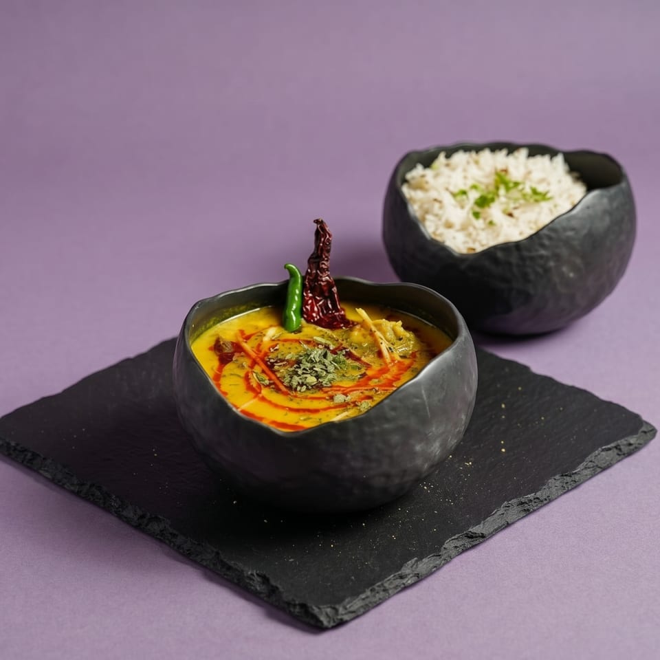 A black bowl of yellow curry with red and green chilies, next to a bowl of rice.