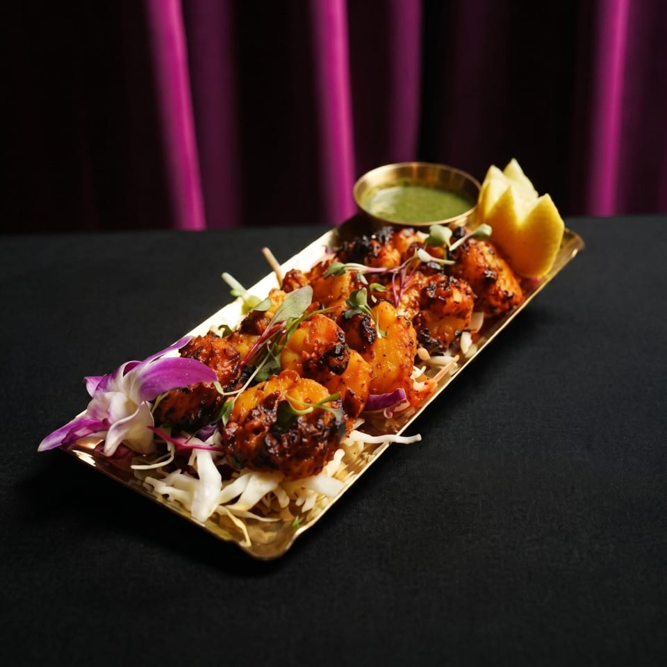 Spicy shrimp skewers on a golden tray with green sauce, lemon, and purple cabbage.
