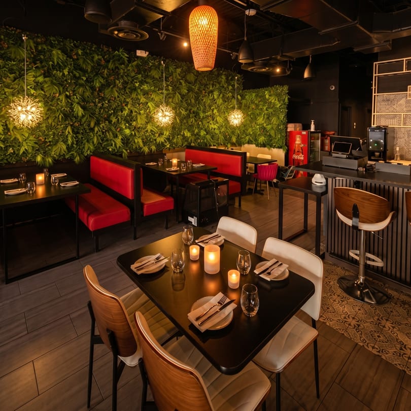 Modern restaurant interior with red booths, dark tables set with candles, and a green plant wall.