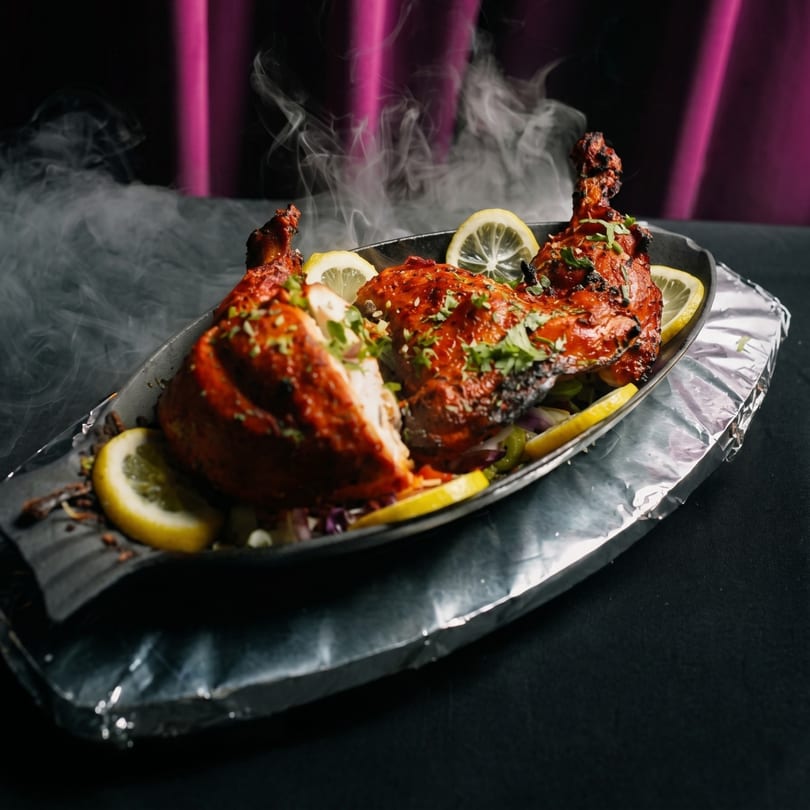 Steaming tandoori chicken with lemon slices and herbs on a black platter, against a dark background.