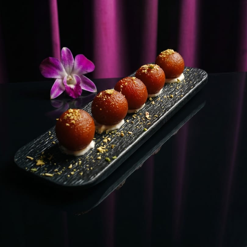 Five gulab jamun desserts with cream and nuts on a black plate, with a purple orchid and curtain.