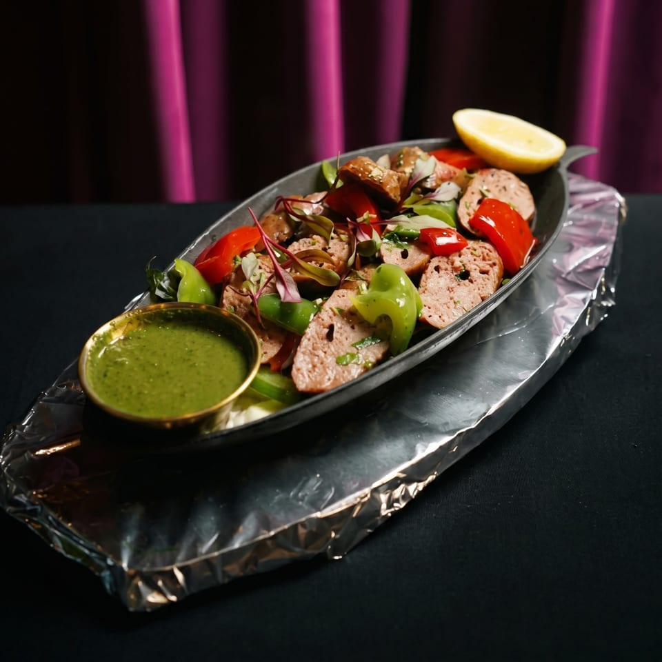 Sausage slices with red and green peppers, garnished with greens and a lemon wedge, served with green sauce.